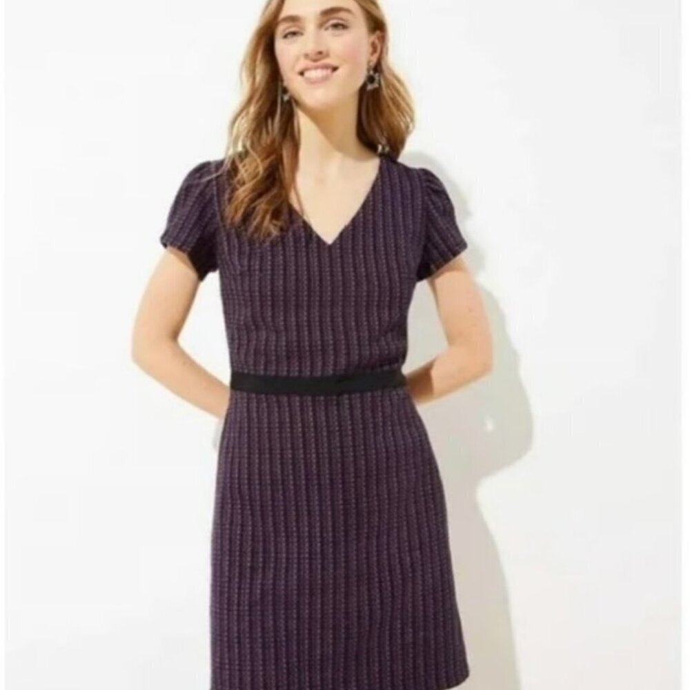 LOFT Navy Blue and Pink V-Neck Puff Short Sleeve Tweed Dress 12